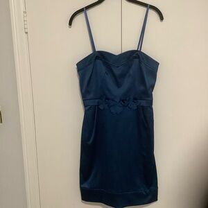 Blue Satin Floral Waist Strapless Shift Party Dress 8